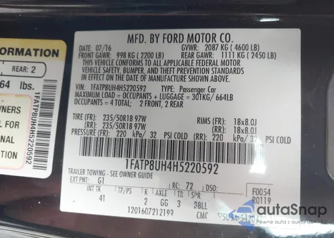 2017 Ford Mustang Ecoboost Premium z USA, uszkodzony, nr VIN 1FATP8UH4H5220592